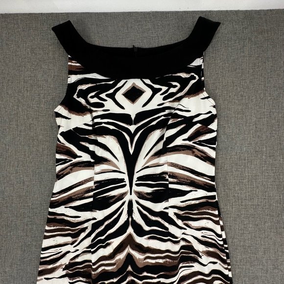 Connected Apparel Zebra Dress Sz 10 Sleeveless Boat Neck Black Brown Off White - Picture 3 of 13